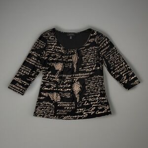 Investments Petites Top Black with Metallic Gold Lettering Size PS NWOT
